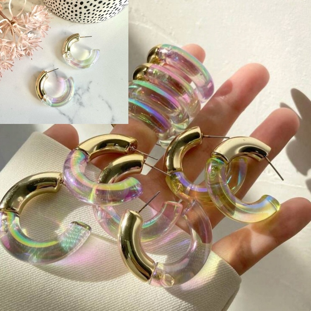 2/$30🌵 Iridescent Acrylic & Gold Hoop Earrings Thick Hoops Lightweight Gift NEW